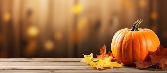 Poster - Autumn themed pumpkin with maple leaves placed on a wooden table creating a captivating background for the harvest season especially for Thanksgiving Day Copy space image