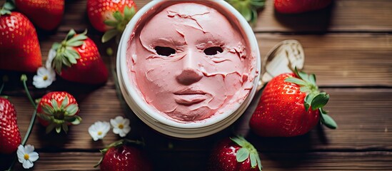 Wall Mural - A top down close up view of homemade DIY cosmetics featuring a face mask made from strawberries and yogurt The image includes a blank card with copy space Toned