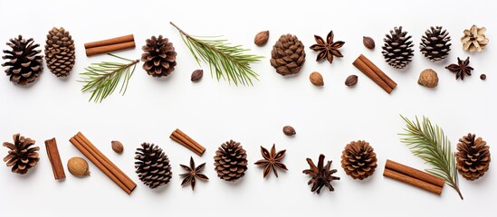 Poster - Top down flat lay winter composition featuring branches of fir trees pine cones cinnamon sticks and anise seeds on a white background There is ample copy space in the image