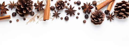 Poster - Top down flat lay winter composition featuring branches of fir trees pine cones cinnamon sticks and anise seeds on a white background There is ample copy space in the image