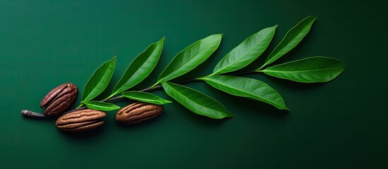 Aufkleber - Top down view of a pecan nut adorned with verdant leaves set against a white backdrop creating ample space for additional imagery