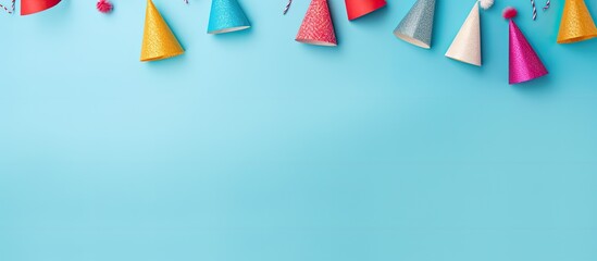 Poster - A top down view of colorful birthday caps set against a vibrant blue background with ample copy space