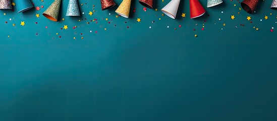Poster - A top down view of colorful birthday caps set against a vibrant blue background with ample copy space