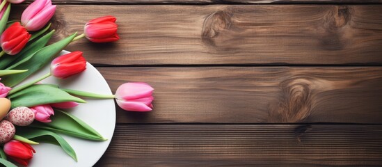 Aufkleber - Top down view of a beautifully arranged wooden background adorned with a white plate cutlery tulips and Easter eggs Ample copy space provided