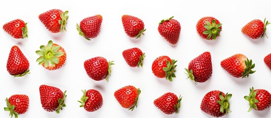 Aufkleber - A top down view of juicy ripe strawberries rests on a pristine white surface evoking the essence of fresh organic summer fruit The vibrant red berries create a vivid contrast against the blank canvas