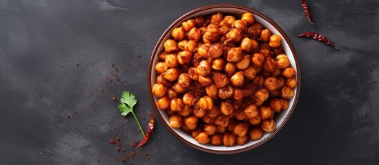 Aufkleber - A top down view of a gray background exhibits a basket filled with roasted spicy chickpeas providing a healthy snack option The image contains copy space