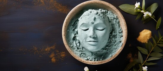 Wall Mural - A top down view of a spa setting showcasing a soothing blue clay mask for the face and body with ample copy space available in the image