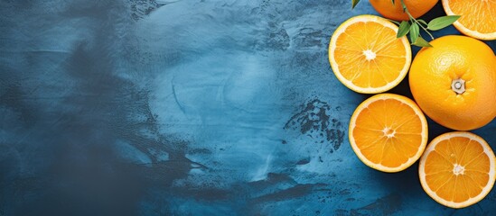 Aufkleber - A top down view of ripe juicy oranges The oranges have been cut in half and are displayed on a blue concrete background A wooden reamer is visible in the image. Creative banner. Copyspace image