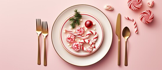 Aufkleber - This top down view showcases an exquisite Christmas table setting design The pastel pink plate cutlery candy cane and decorations create a captivating arrangement The background offers ample copy spa