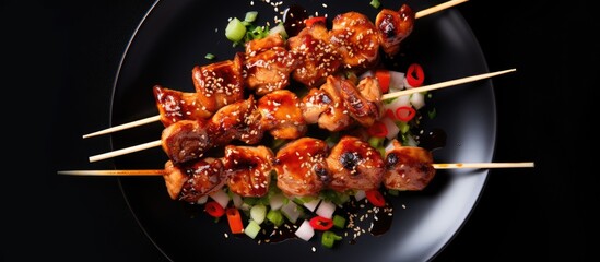 Poster - Top down view of teriyaki chicken skewers on a plate set against a black background Ample space available for additional elements in the image