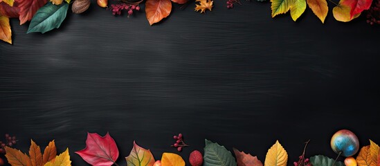 Aufkleber - Top view of an autumn composition featuring colorful leaves arranged on a blackboard Copy space is available for additional elements