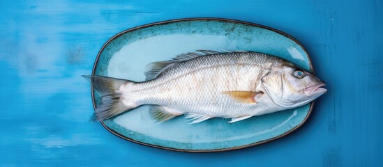 Sticker - A top down view of a whole uncooked and organic sea perch fish placed on a blue dish with ample room for additional text or images