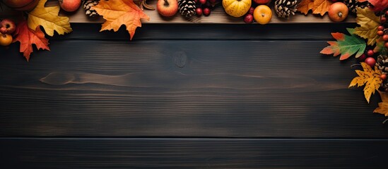 Poster - Top view of a blackboard adorned with Autumn decorations on a wooden frame The image is toned with plenty of space available for your text. Creative banner. Copyspace image
