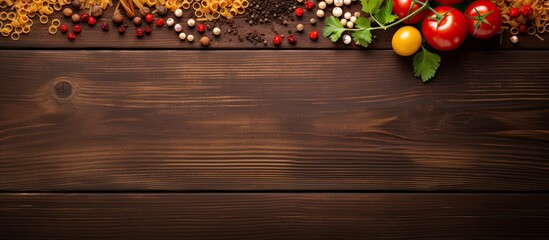 Aufkleber - Top view of an Italian tomato pasta dish with vegetables and spices on a wooden background perfect for a copy space image