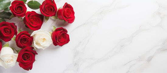 Poster - Top view of white and red soap roses resting on a sleek marble backdrop with ample copy space image for text placement