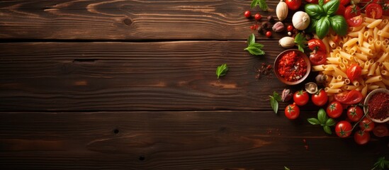 Aufkleber - Top view of an Italian tomato pasta dish with vegetables and spices on a wooden background perfect for a copy space image