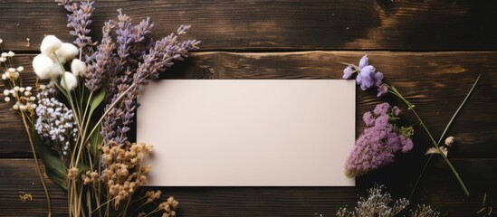 Sticker - Top view of an invitation or greeting card mockup placed on a wooden background adorned with dry flowers There is plenty of empty space for customization. Creative banner. Copyspace image