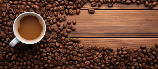 Aufkleber - A top view of hot coffee and coffee beans arranged on a wooden background is displayed in the copy space image
