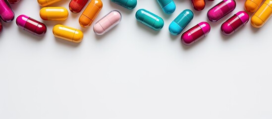 Poster - Top view of colorful capsules near a pill bottle creating a vibrant composition The white background provides a clean and spacious area for text or other graphics in the image. Creative banner
