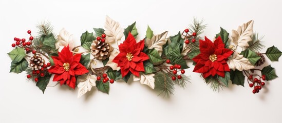 Poster - Top view of a Christmas garland close up with a white background suitable for a copy space image