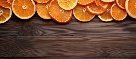 Canvas Print - Top view of orange chips and dried orange slices arranged on a wooden background The horizontal copy space image showcases the vibrant colors of the citrus fruit in a visually appealing flat lay comp