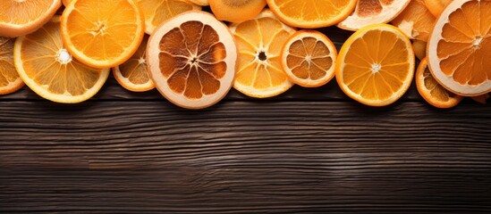 Aufkleber - Top view of orange chips and dried orange slices arranged on a wooden background The horizontal copy space image showcases the vibrant colors of the citrus fruit in a visually appealing flat lay comp