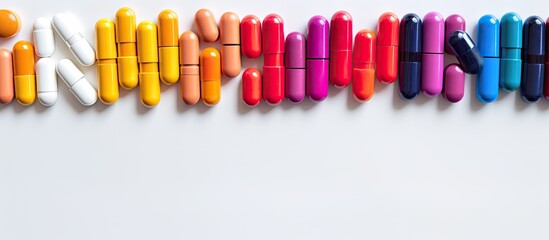 Poster - Top view of colorful capsules near a pill bottle creating a vibrant composition The white background provides a clean and spacious area for text or other graphics in the image. Creative banner
