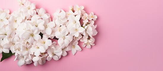 Wall Mural - A top view of a beautiful bouquet of delicate white flowers resting on a pink background with plenty of space for text or other elements. Creative banner. Copyspace image