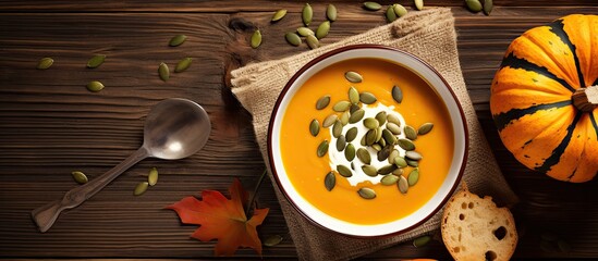 Poster - Top view of a delicious vegetarian autumn pumpkin cream soup with pumpkin seeds presented in a bowl on a wooden table background with a spoon ready to be used Perfect copy space image