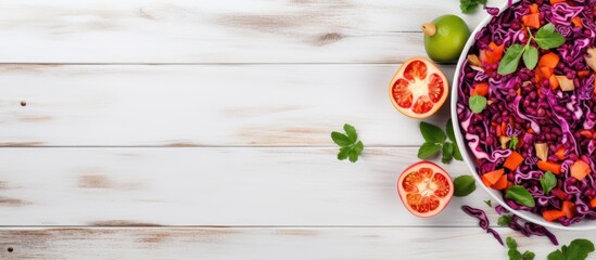 Poster - Top view of a detox salad made with red cabbage carrots and pomegranate accompanied by a flavorful cilantro dressing Presented on a white wooden background with ample space for copy