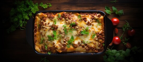 Poster - Top view of a delicious traditional Italian lasagna with a mix of savory vegetables minced meat and melted cheese Perfect for copy space image