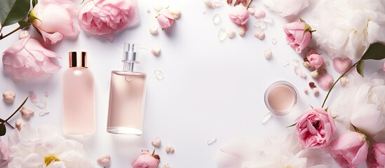 Aufkleber - Top view of fancy healthcare bottles containing serum micellar water tonic toner lotion and cream with rose flower in an organic spa cosmetics concept The image is a mockup template with copy space