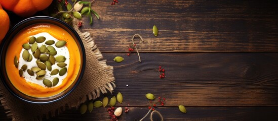 Aufkleber - Top view of a delicious vegetarian autumn pumpkin cream soup with pumpkin seeds presented in a bowl on a wooden table background with a spoon ready to be used Perfect copy space image