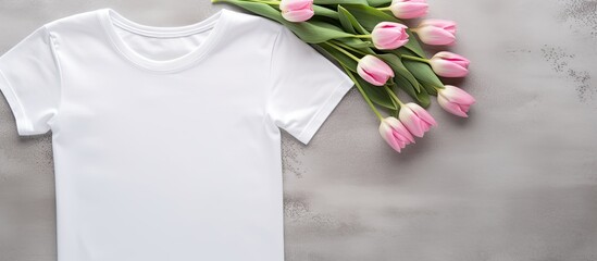 Poster - Top view flat lay copy space image of a white women s cotton t shirt mockup featuring pink tulip flowers on a gray concrete background creating a design template for print presentation