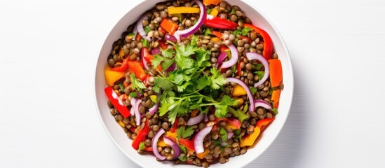Aufkleber - Top view of a bowl filled with a colorful lentil salad featuring peppers onions and carrots The image is isolated on a white background with copy space