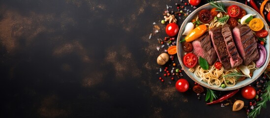 Poster - Top view of a flavorful Asian dish consisting of noodles tender beef and an assortment of fresh vegetables captured in a copy space image