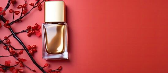 Aufkleber - Top view of a golden branch and nail polish on a colorful background providing ample space for text alongside the image