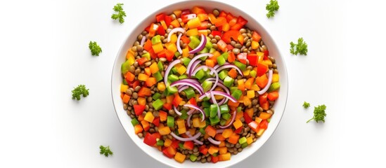 Aufkleber - Top view of a bowl filled with a colorful lentil salad featuring peppers onions and carrots The image is isolated on a white background with copy space