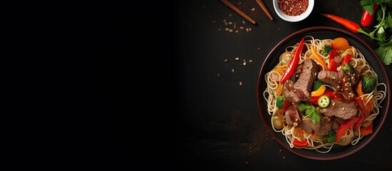 Poster - Top view of a flavorful Asian dish consisting of noodles tender beef and an assortment of fresh vegetables captured in a copy space image