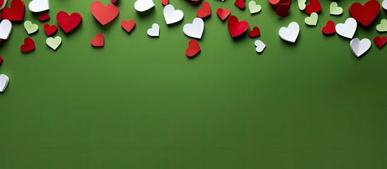 Poster - Top view of a green background adorned with red and white hearts creating a delightful Valentine s Day scene The image features a flat lay composition with an empty space for text or other elements