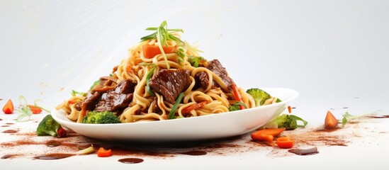 Poster - Top view of a flavorful Asian dish consisting of noodles tender beef and an assortment of fresh vegetables captured in a copy space image