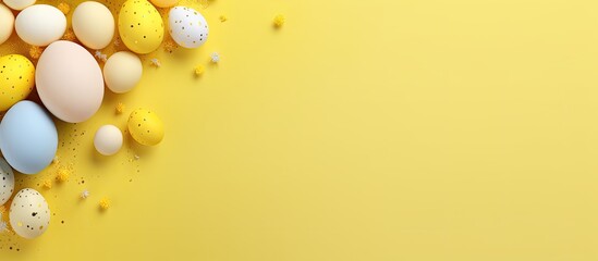 Poster - Top view of a Easter greeting card featuring a yellow background adorned with blue Easter eggs and an Easter bunny Ample space available for your text