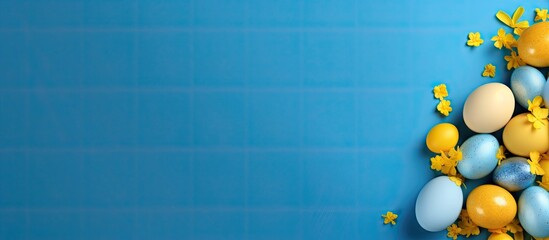 Poster - Top view of a Easter greeting card featuring a yellow background adorned with blue Easter eggs and an Easter bunny Ample space available for your text
