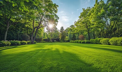Wall Mural - A beautifully sunlit park with luscious green grass and trees, sunlight filtering through leaves creating a sense of peace and freshness