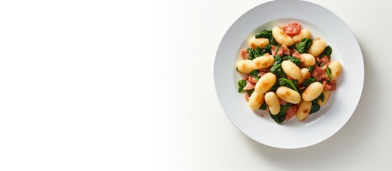 Poster - A top view image of a plate featuring cooked Gnocchi potato pasta with spinach and parma ham placed on a white background with empty space for text or other elements. Creative banner. Copyspace image