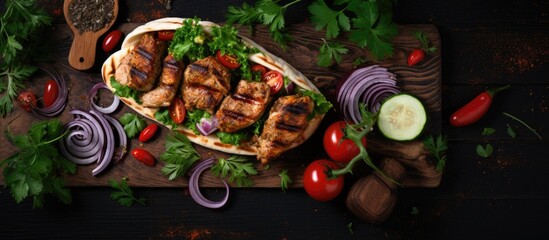Aufkleber - Top view of a healthy lunch with a grilled chicken sandwich made with fresh pita bread filled with onions and greens served on a dark wooden background Shashlik or shish kebab Image provides copy spa