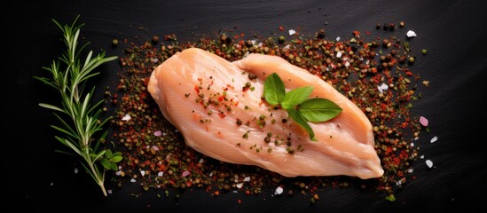 Aufkleber - A top view image of a raw chicken fillet seasoned with spices and herbs displayed on a black stone table Copy space available