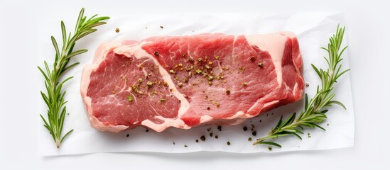 Poster - Top view copy space image of raw fresh pork seasoned with rosemary placed on wax paper set against a white background Perfect for cooking various delicious recipes