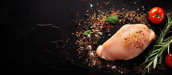 Aufkleber - A top view image of a raw chicken fillet seasoned with spices and herbs displayed on a black stone table Copy space available
