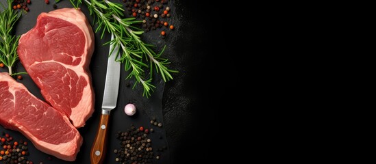 Poster - Top view of a juicy raw pork steak on a black cutting board with a meat knife nearby Copy space image